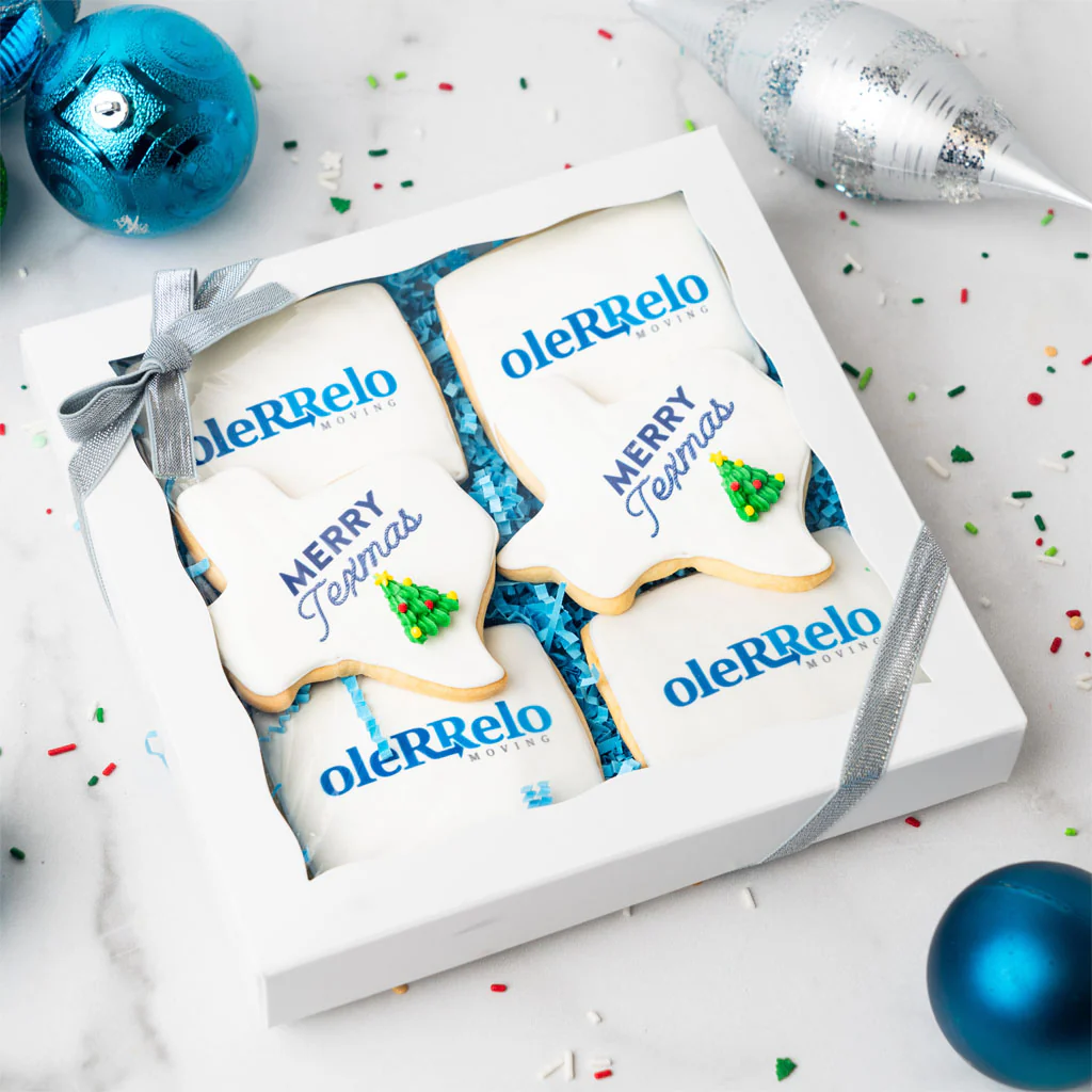 OleRRelo branded Texas-shaped Christmas cookies in a gift box