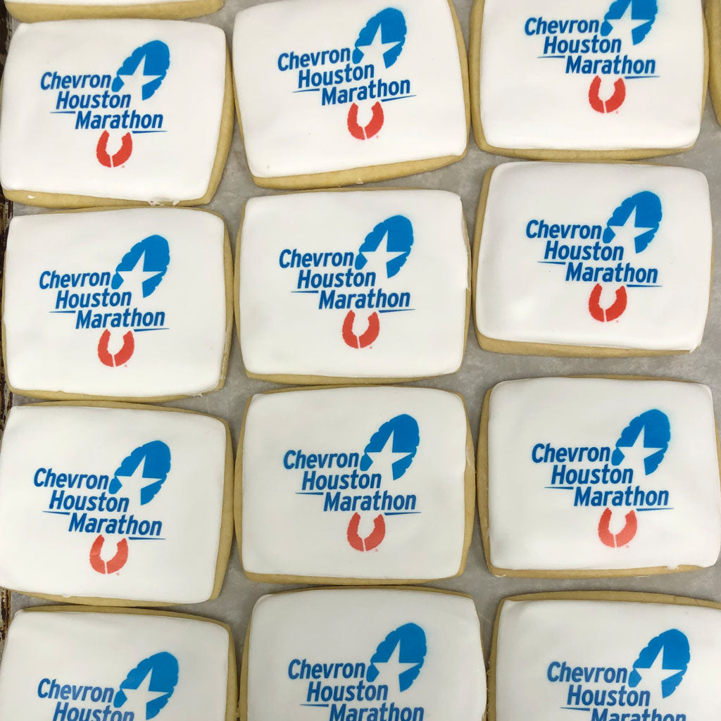 Rectangular sugar cookies with Chevron Houston Marathon logos