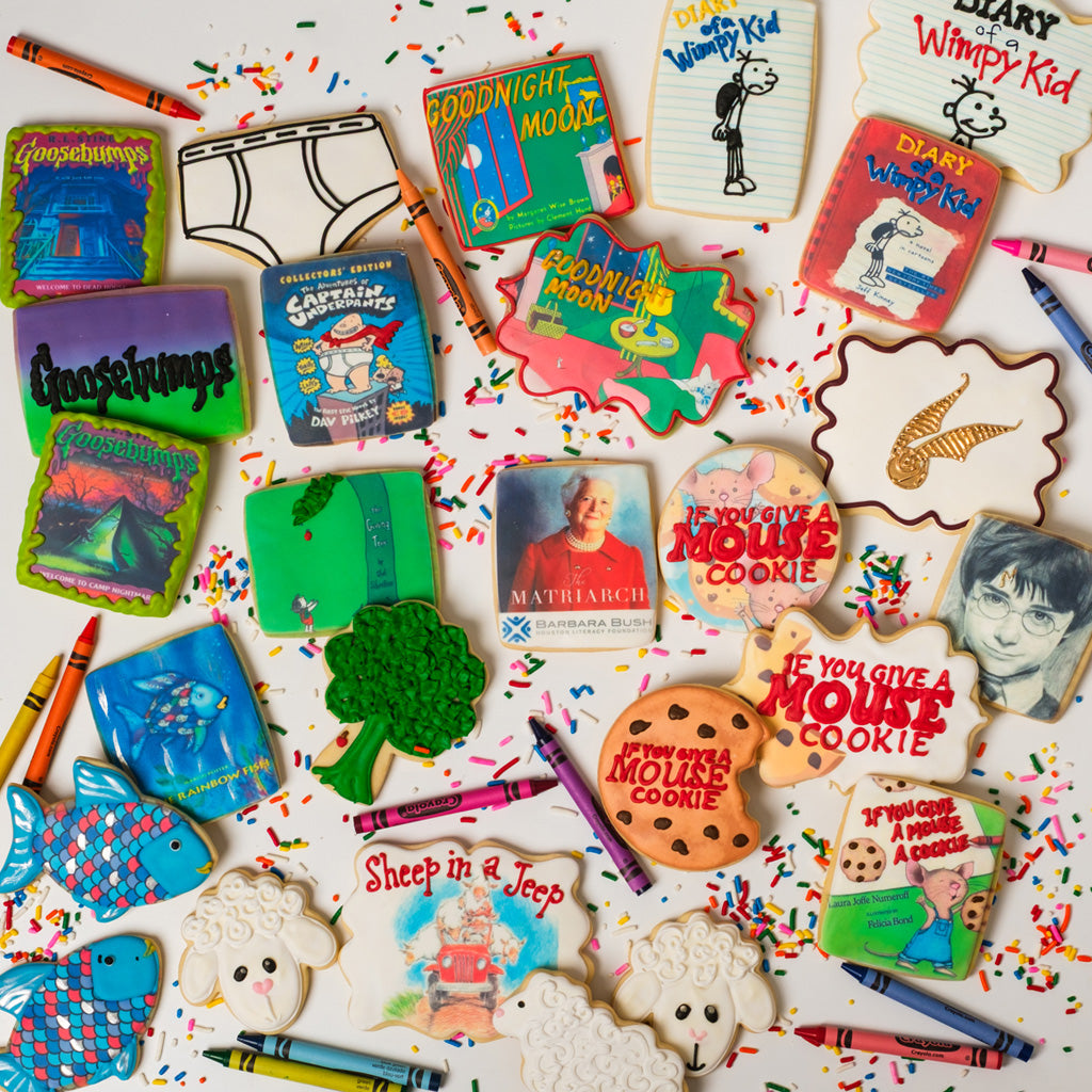 National Reading Month cookies decorated as book covers.