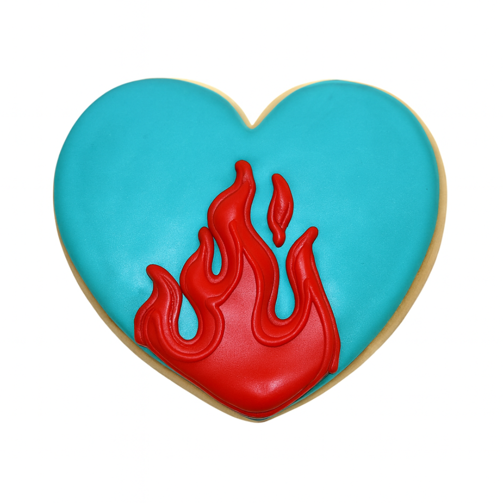 Life of a Dough Girl heart cookie with red flame icing