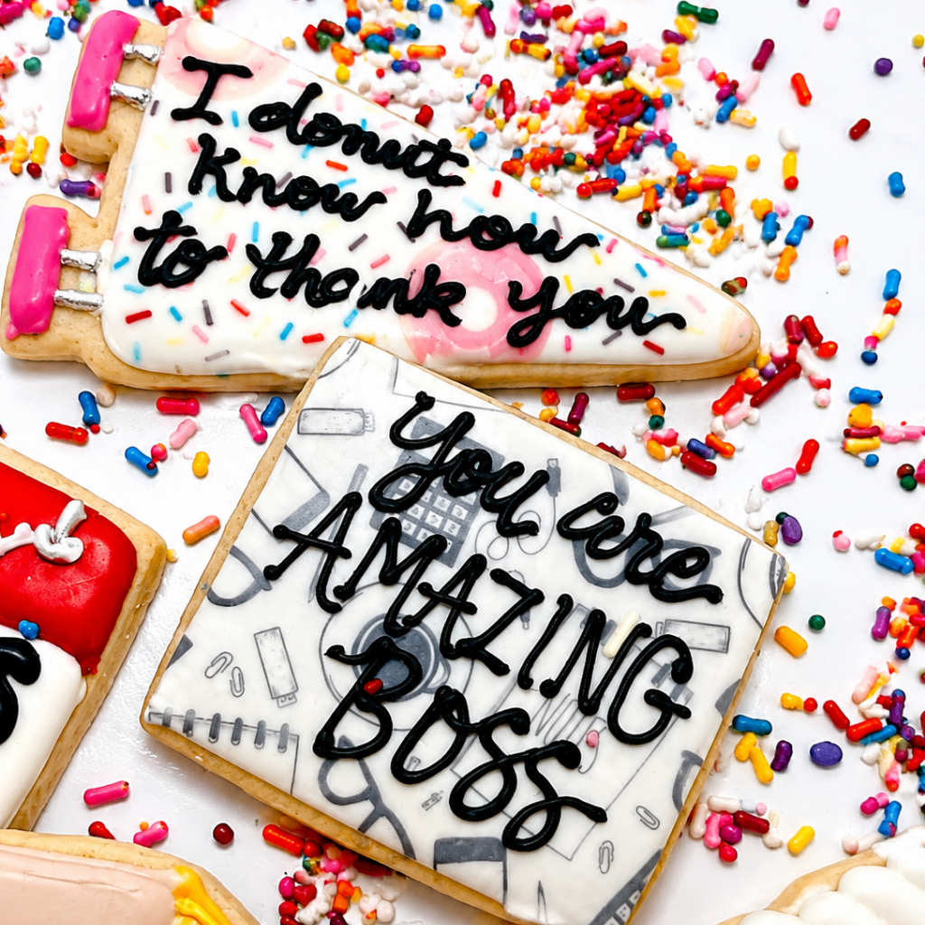Assorted Boss's Week cookies with colorful sprinkles.