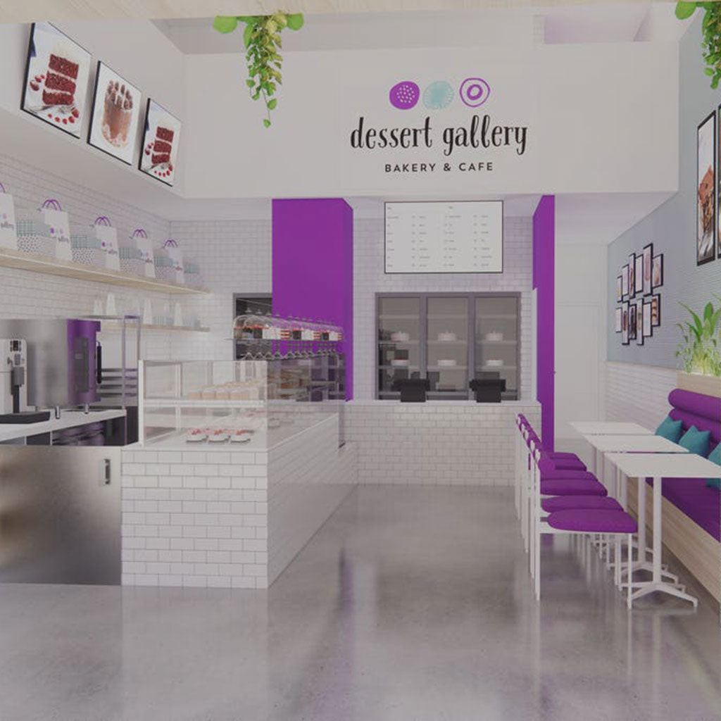 Dessert Gallery bakery interior with purple accents and seating
