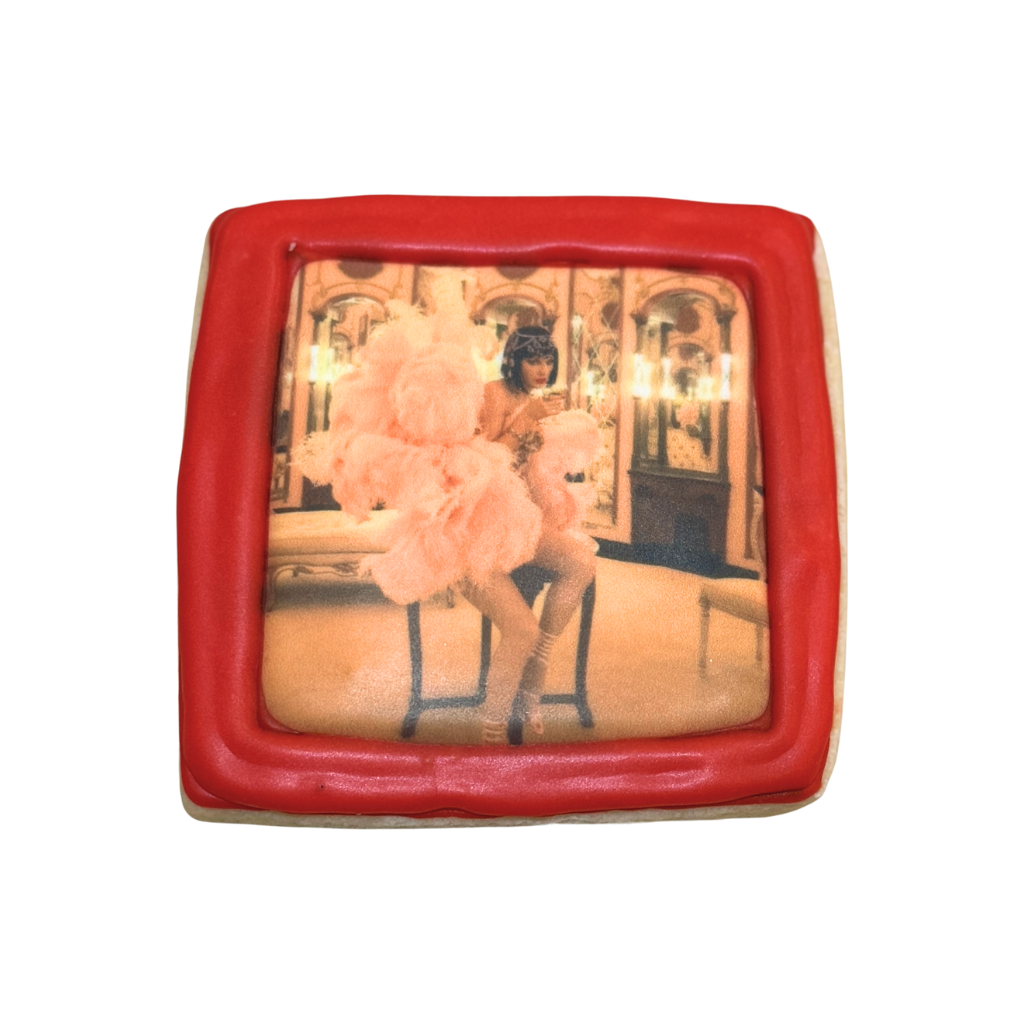 Life of a Dough Girl cookie with a red border and photo print