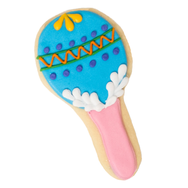 Cinco de Mayo maraca-shaped cookie with blue and pink icing