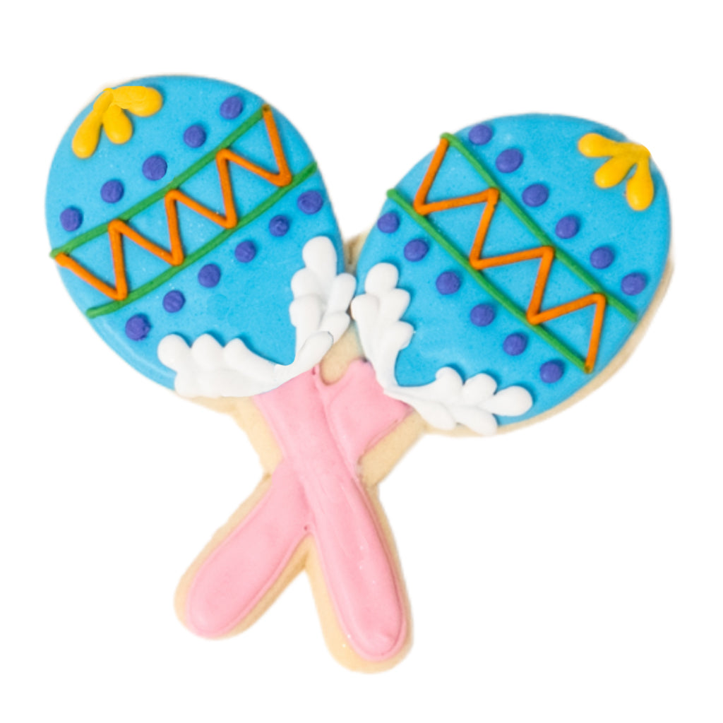 Cinco de Mayo maraca-shaped sugar cookie with blue icing