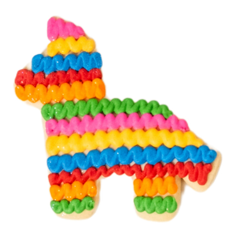 Cinco de Mayo piñata cookie with colorful piped frosting.