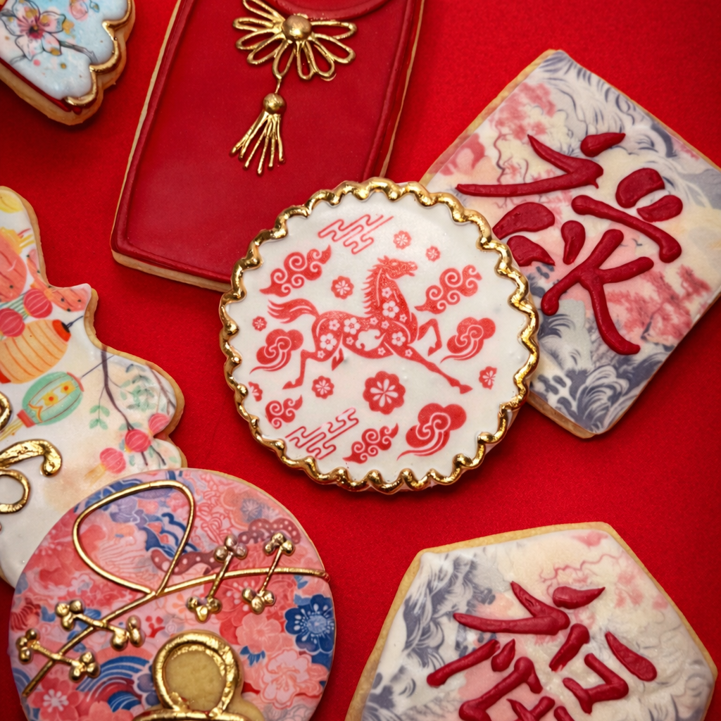 Assorted Lunar New Year cookies with red and gold designs.
