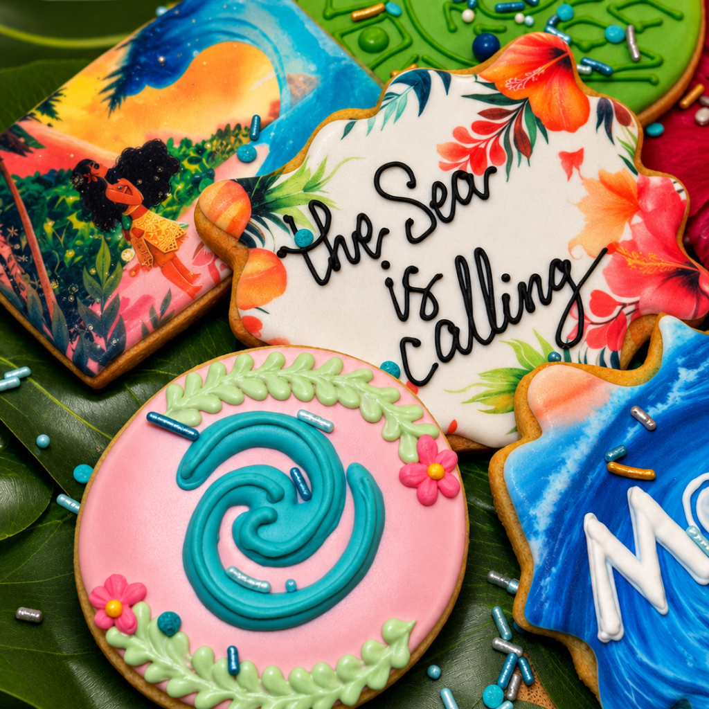 Assorted Moana cookies with colorful tropical icing designs.