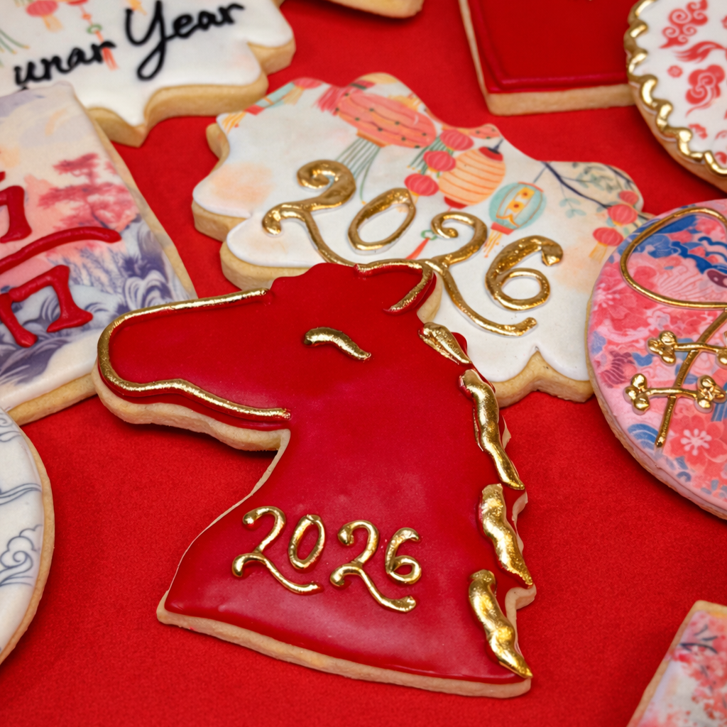 Assorted Lunar New Year cookies with red and gold icing.