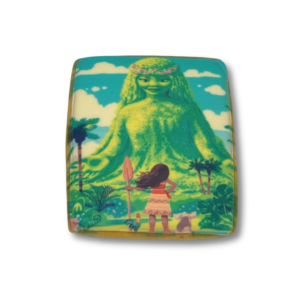 Moana cookie featuring Te Fiti and Moana on a square sugar cookie.