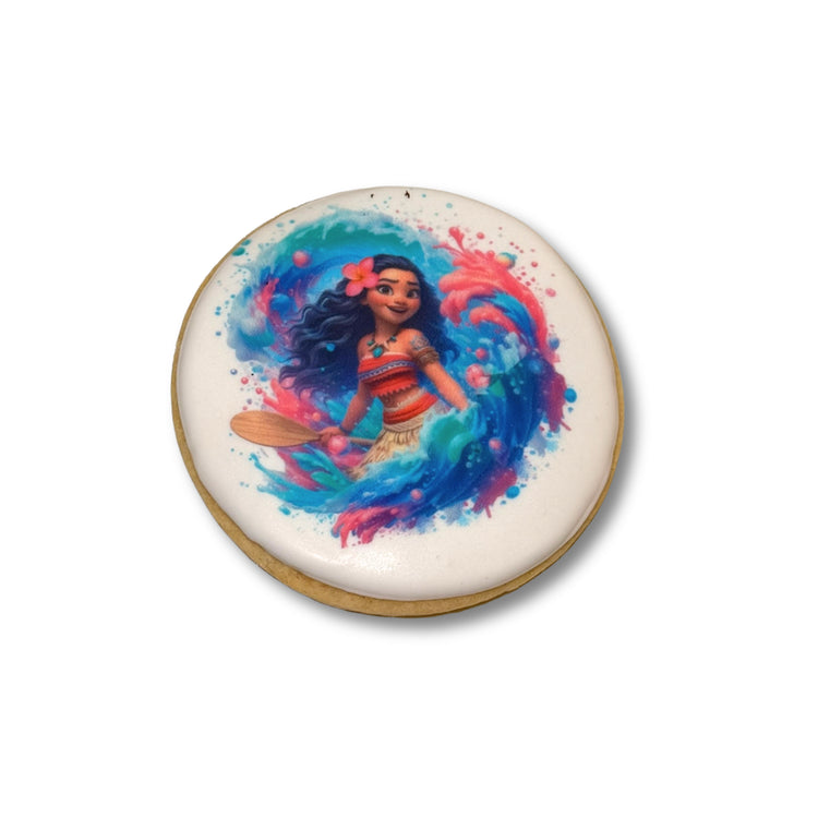 Moana cookie with colorful watercolor ocean design