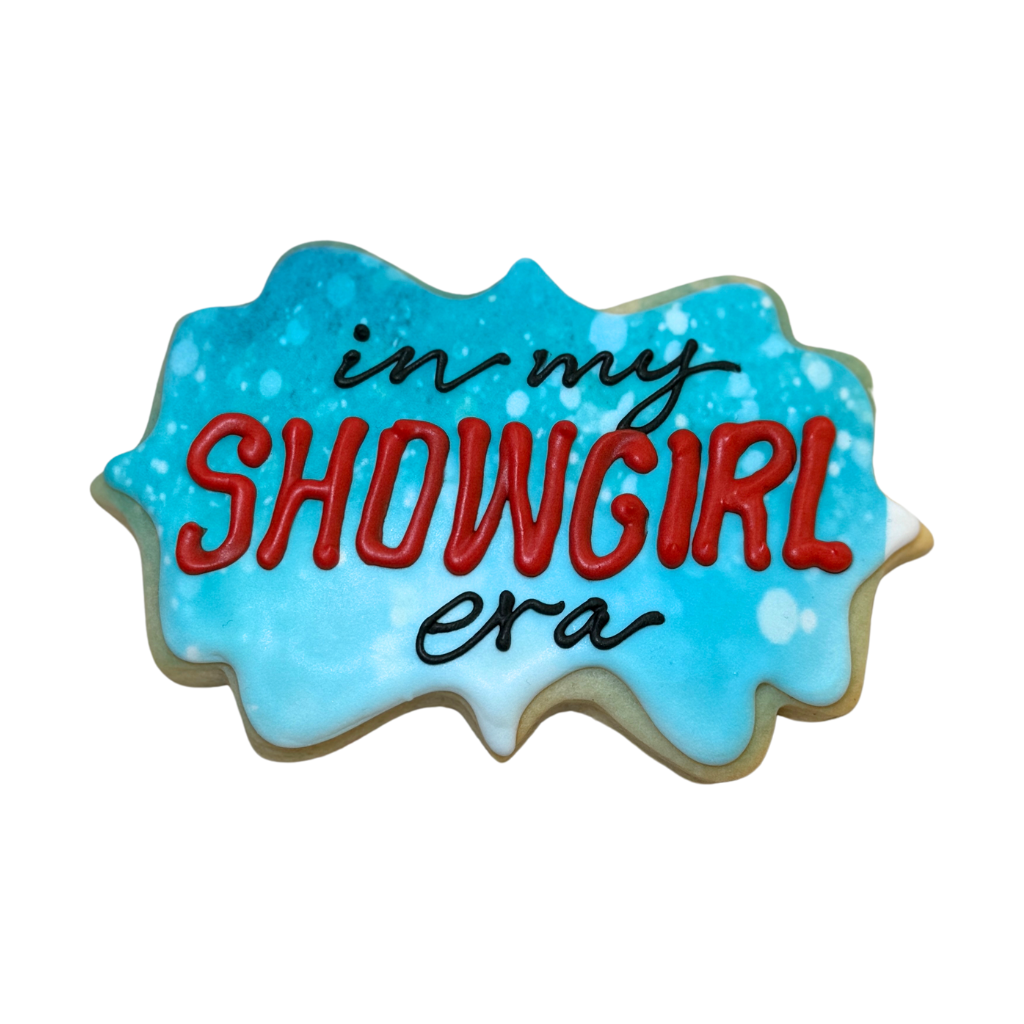 Life of a Dough Girl cookie with blue icing and red text.