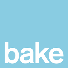 White text reading bake on a light blue background.