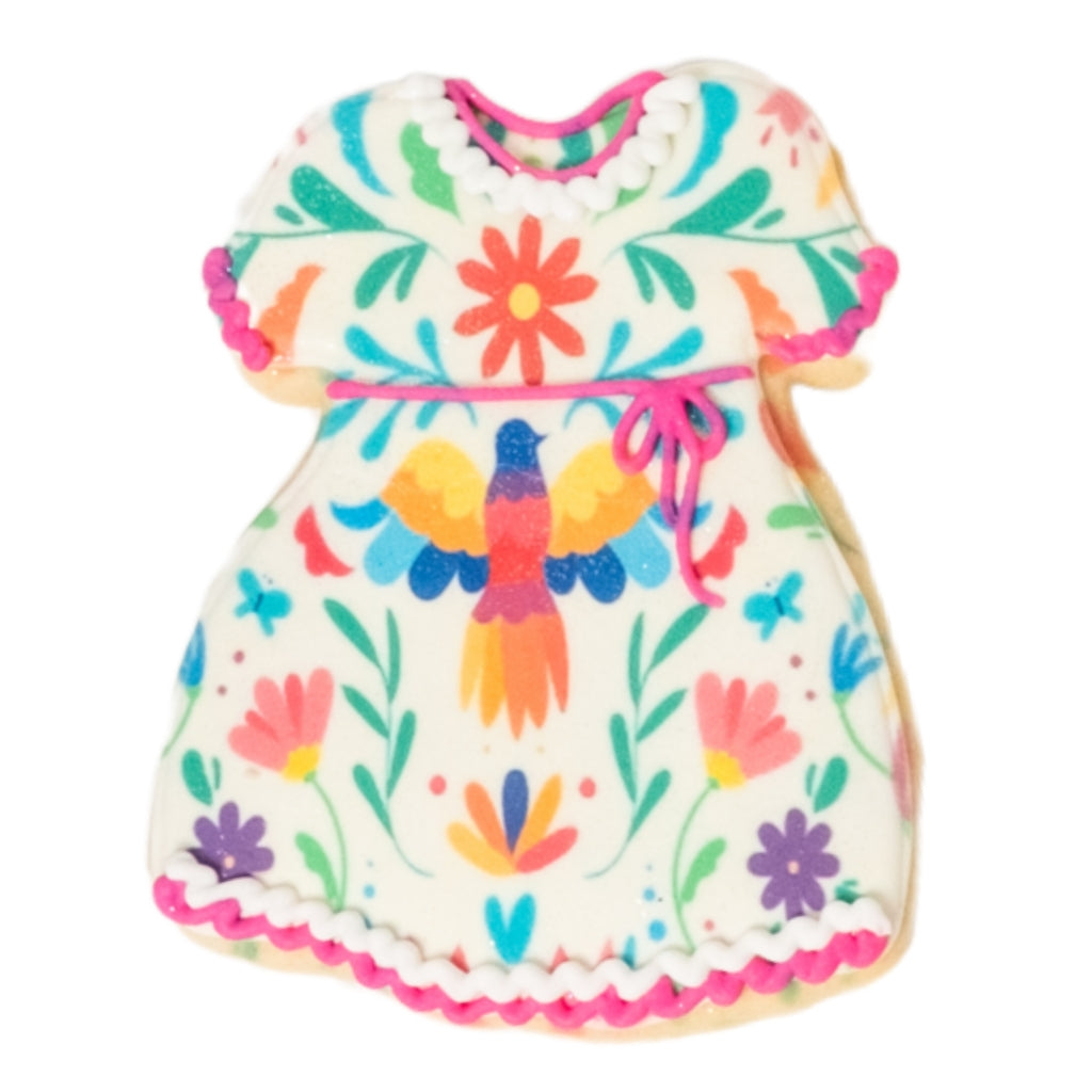 Cinco de Mayo cookie shaped like a colorful floral dress