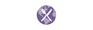 Purple globe icon with crossed white fork and knife