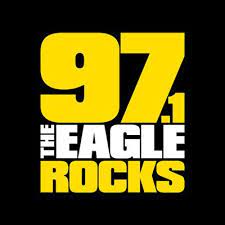 97.1 The Eagle Rocks yellow and white logo on black background