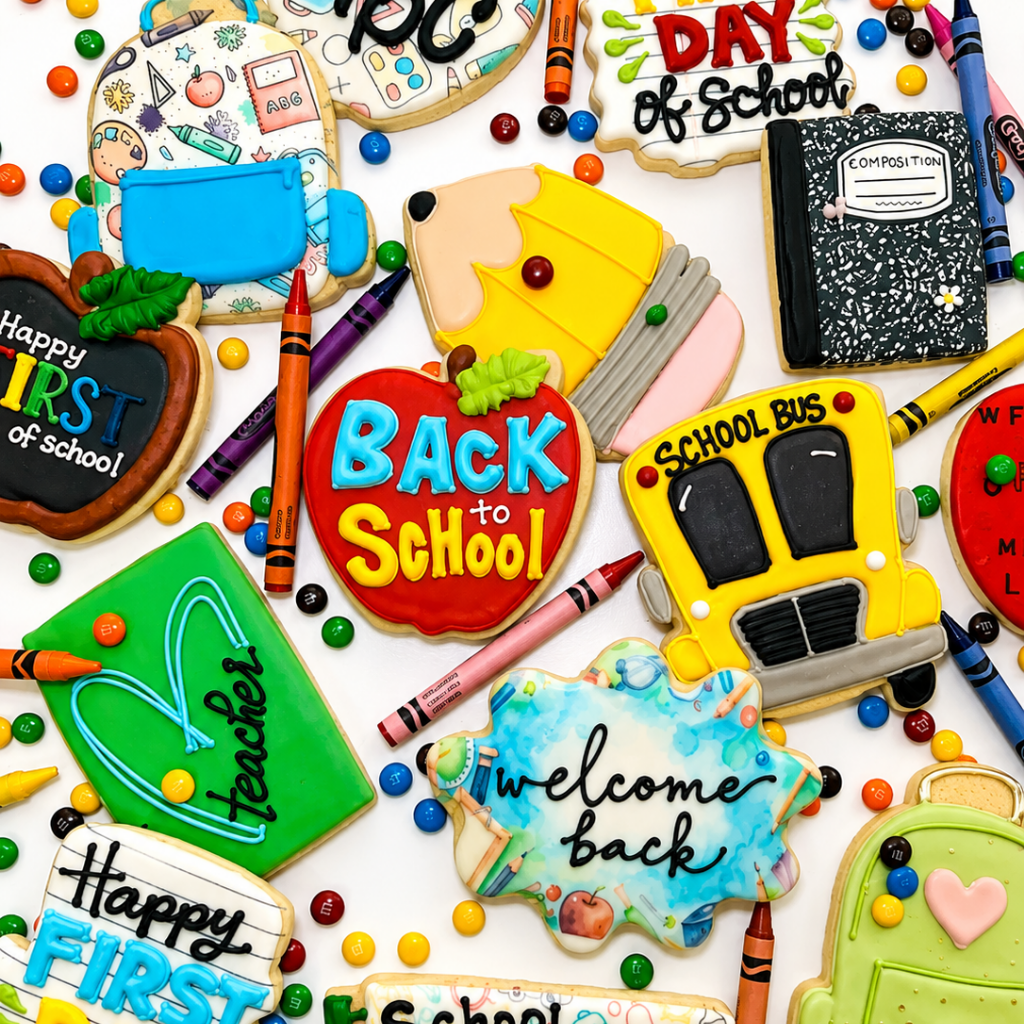 Assorted Back to School cookies with colorful icing designs.