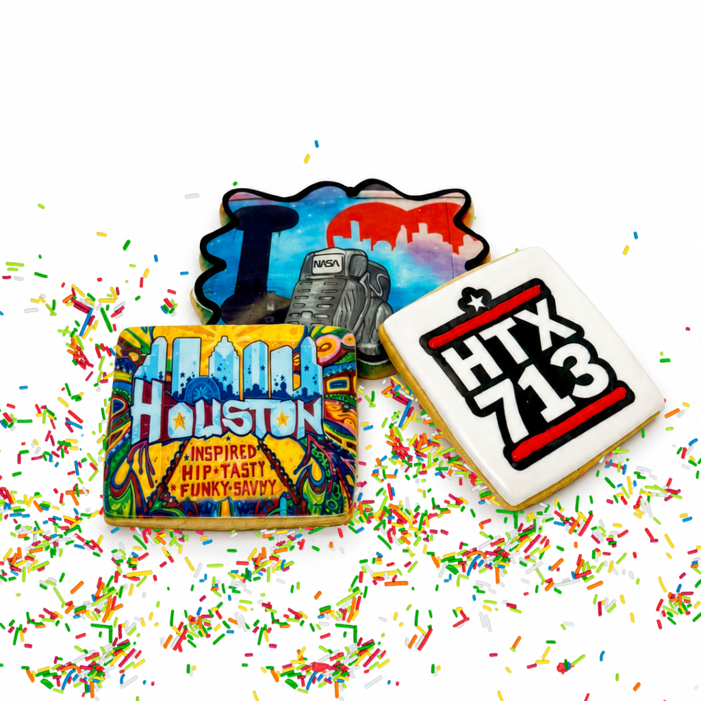 713 assorted cookies with colorful Houston-themed icing.