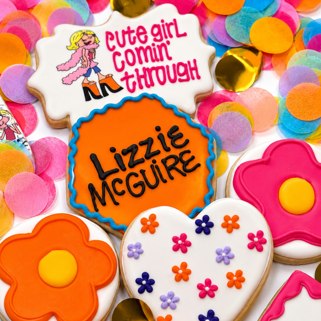 Lizzie McGuire assorted cookies with colorful floral icing.