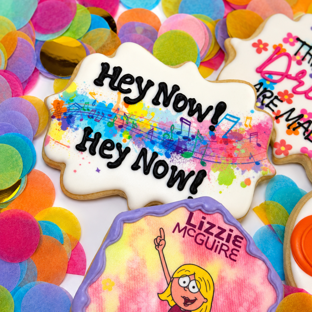 Lizzie McGuire assorted cookies on colorful confetti.