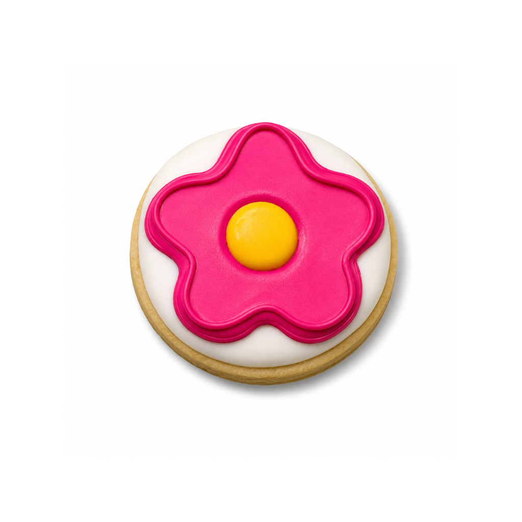 Lizzie McGuire cookie with a pink flower and yellow center.
