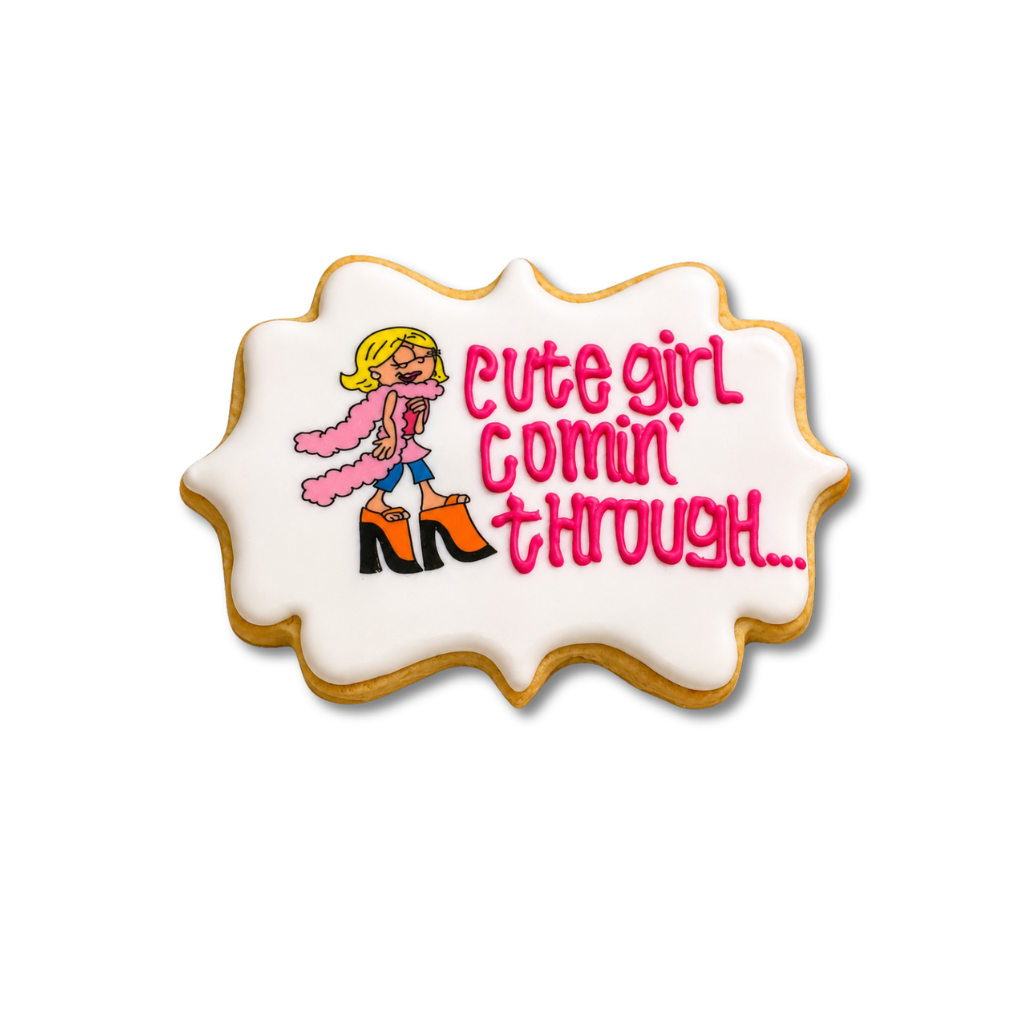 Lizzie McGuire cookie with pink text and cartoon character design.