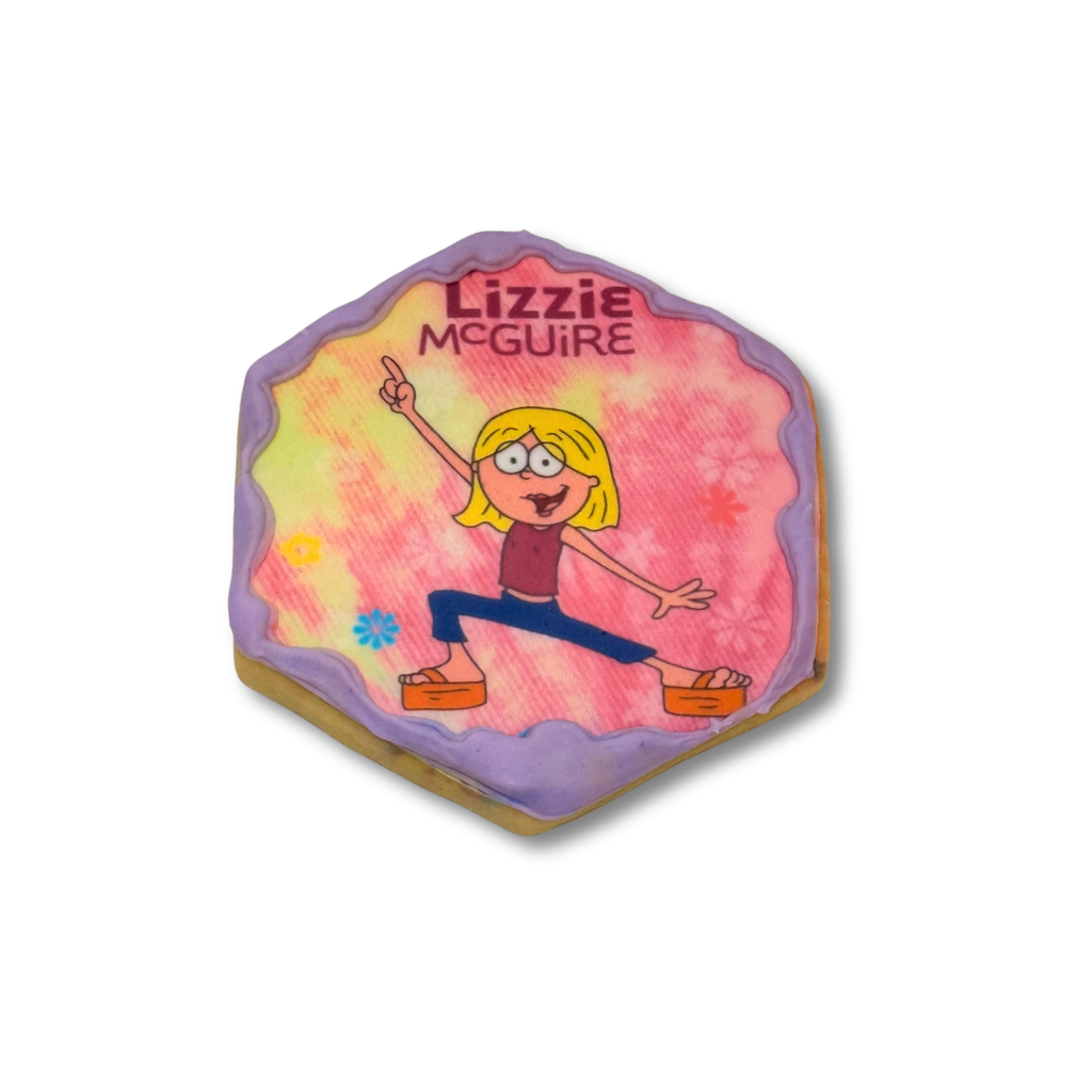 Hexagonal Lizzie McGuire cookie with purple icing border.