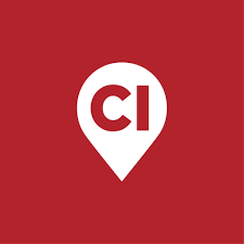 White map pin icon with red CI letters on a red background.