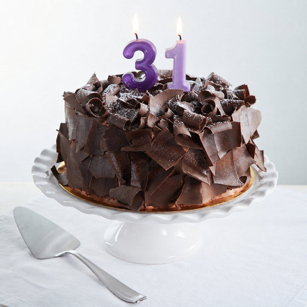 9-inch chocolate birthday cake with 31 candles on a stand
