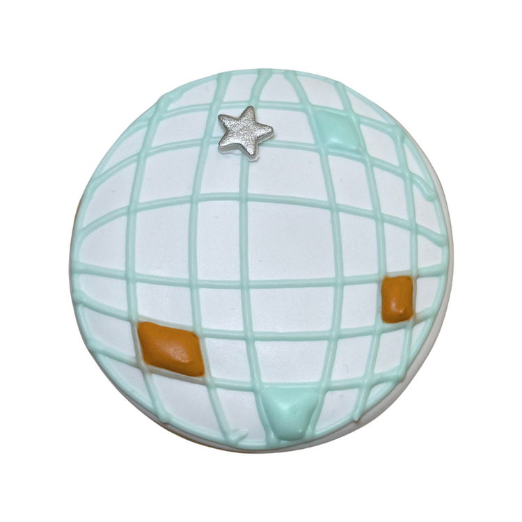 Life of a Dough Girl cookie shaped like a mint disco ball.