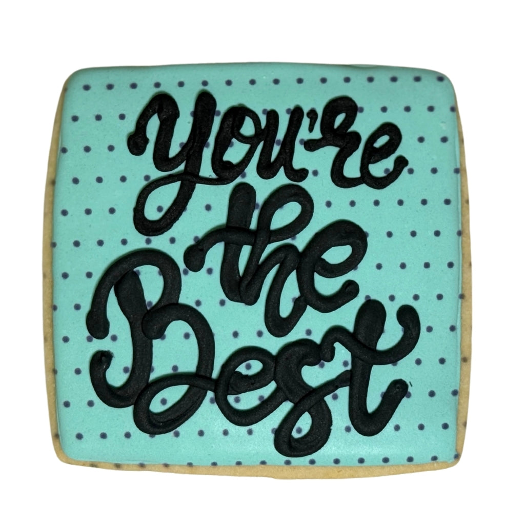 Square Admin Professionals Week cookie with blue polka dots and black text