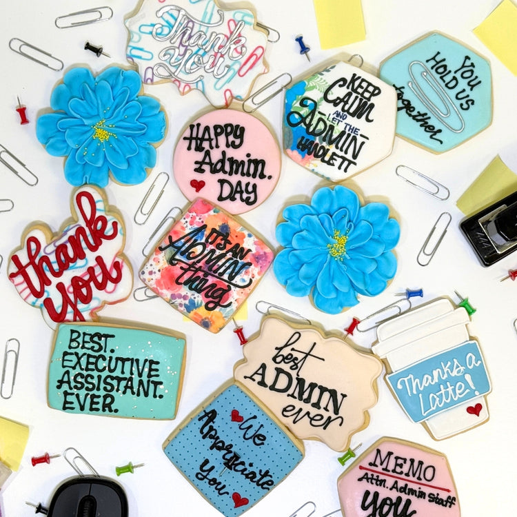 Assorted Admin Professional Week cookies with office-themed icing.