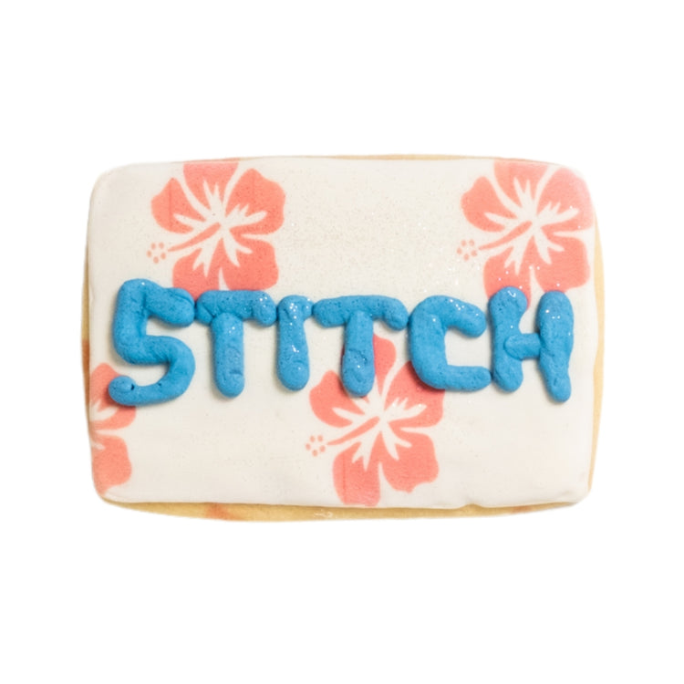 Lilo & Stitch rectangular cookie with blue icing and floral print.