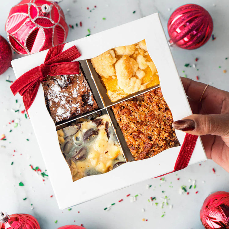 Bar Cookie Gift Box with red ribbon and holiday ornaments