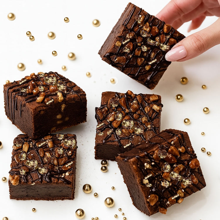 Billionaire brownies topped with nuts and gold leaf.