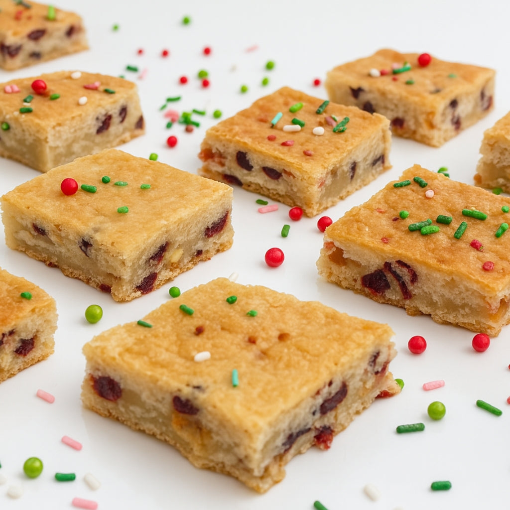 Cranberry white chocolate shortbread squares with sprinkles.