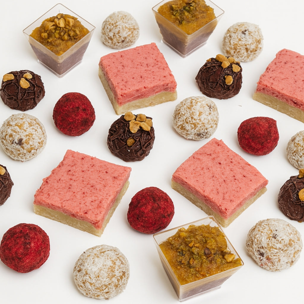 Strawberry Lemonade Bars surrounded by assorted dessert bites.
