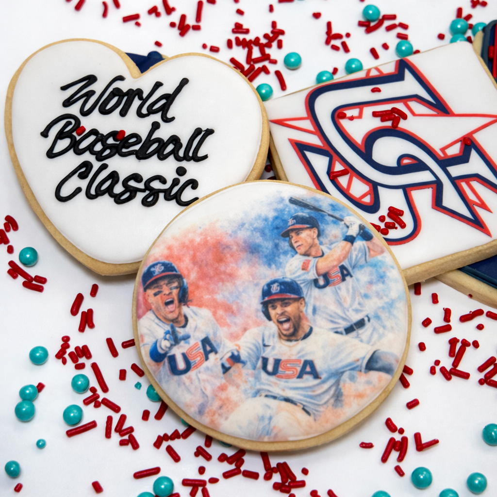 World Baseball Classic 2026 assorted cookies with red sprinkles.