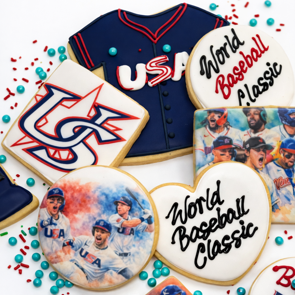 Assorted World Baseball Classic 2026 cookies with team graphics