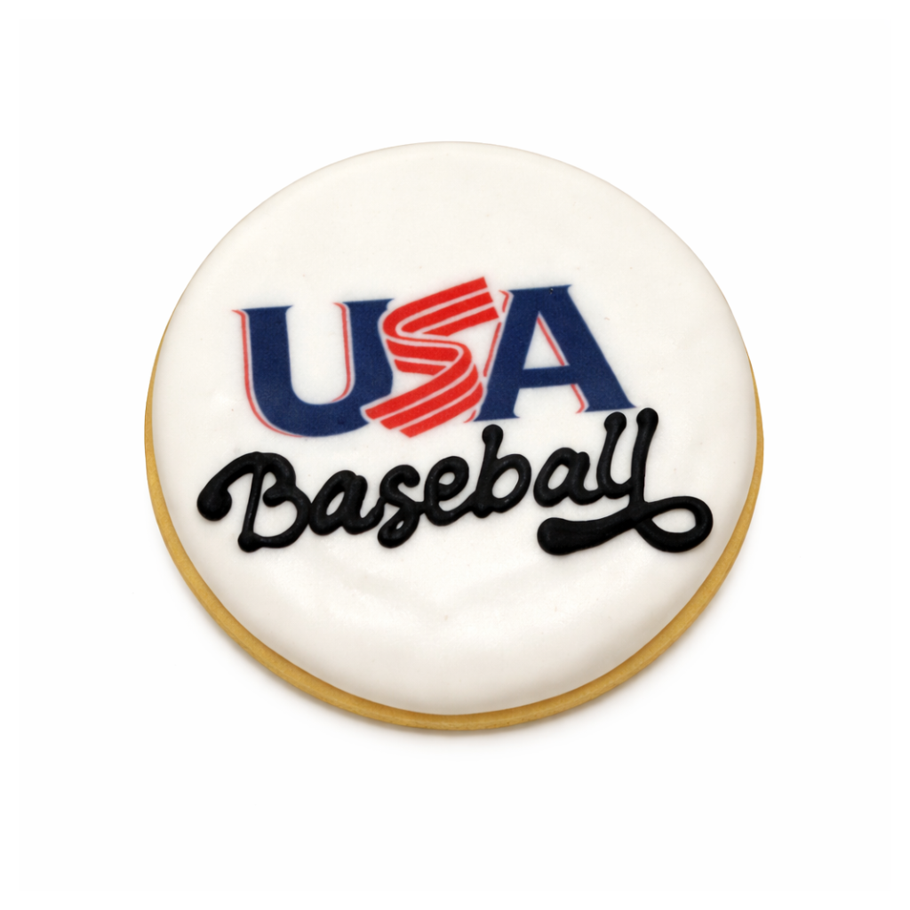 Round USA Baseball cookie with white icing and logo.