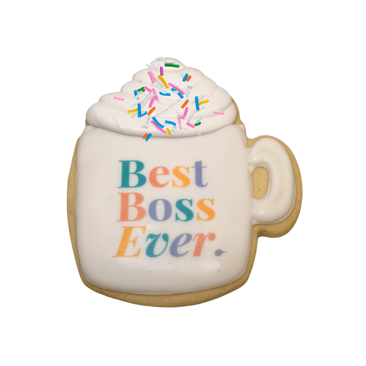 Best Boss Ever mug-shaped cookie with white icing and sprinkles.