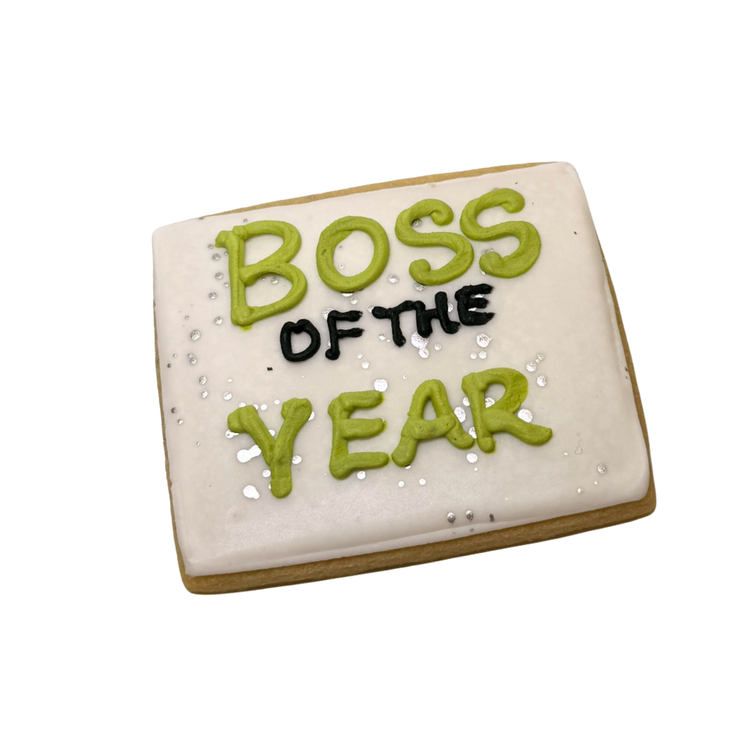 Boss's Week square cookie with green and black icing.