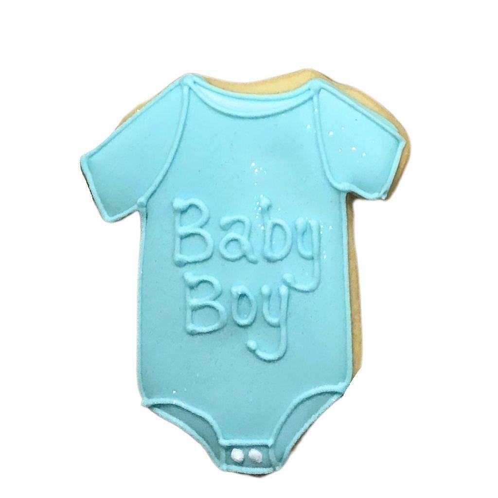 Blue onesie cookie decorated with Baby Boy icing