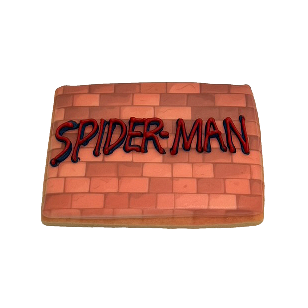Spiderman cookie with red brick wall icing design