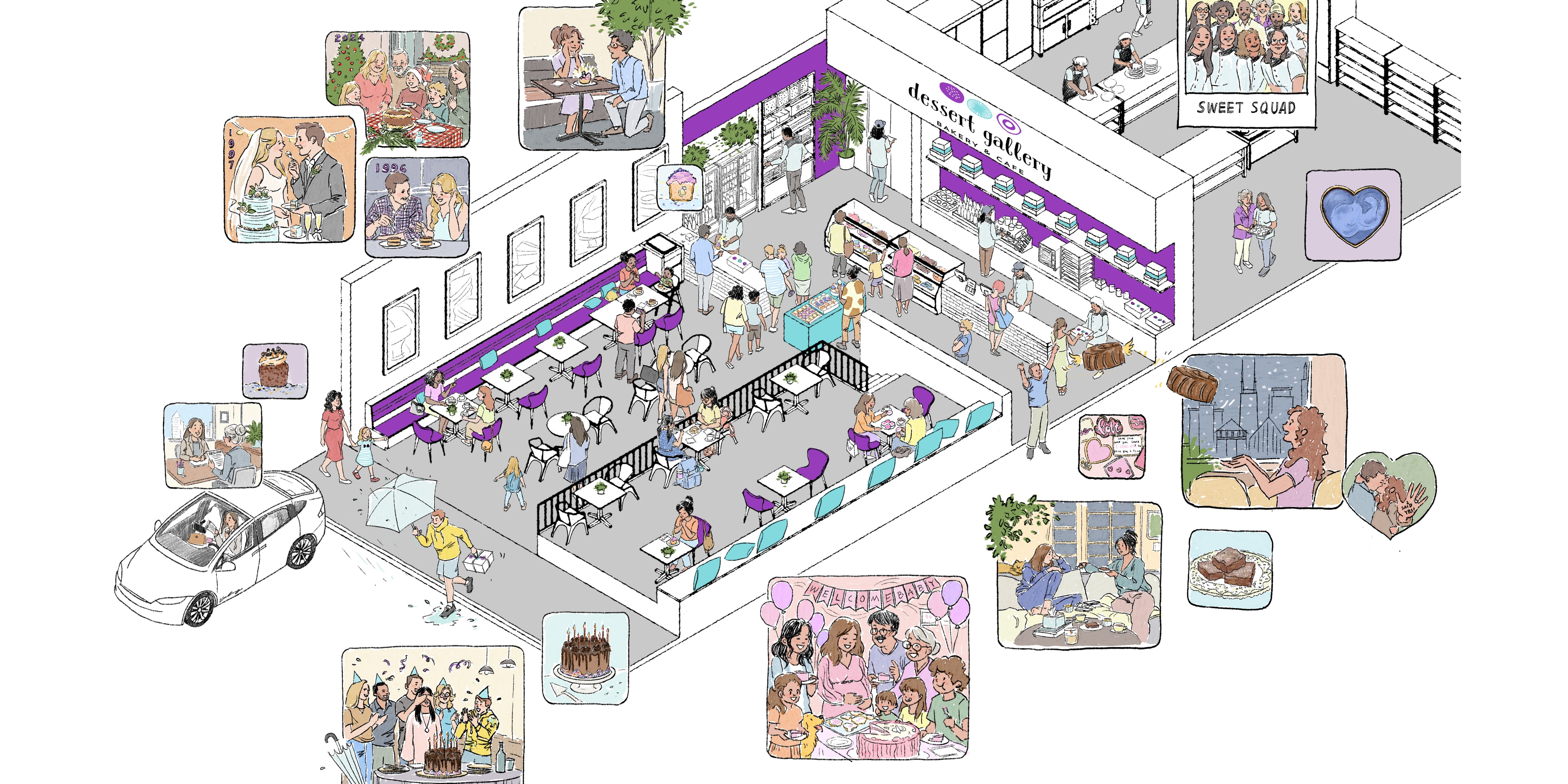 Isometric illustration of Dessert Gallery cafe with interior scenes.
