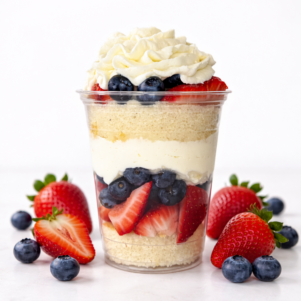 Chantilly cake parfait layered with berries in a clear cup.