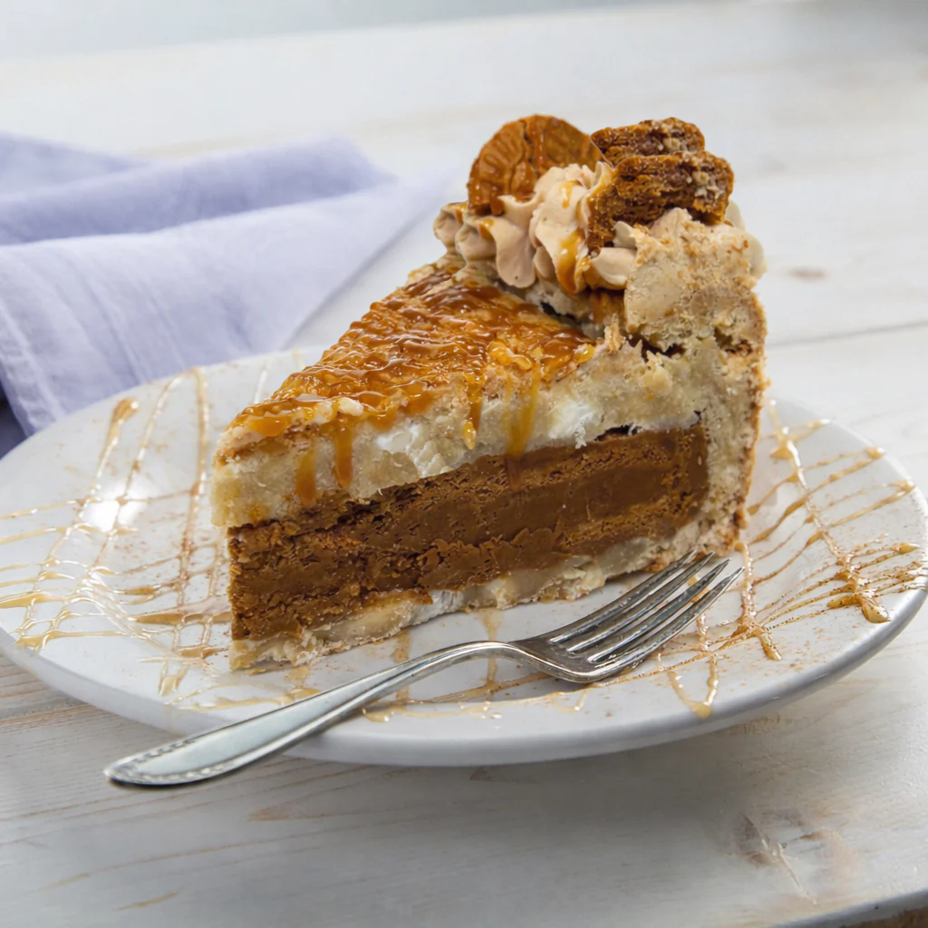 Slice of 9-inch Cookie Butter Bliss cake on a white plate.