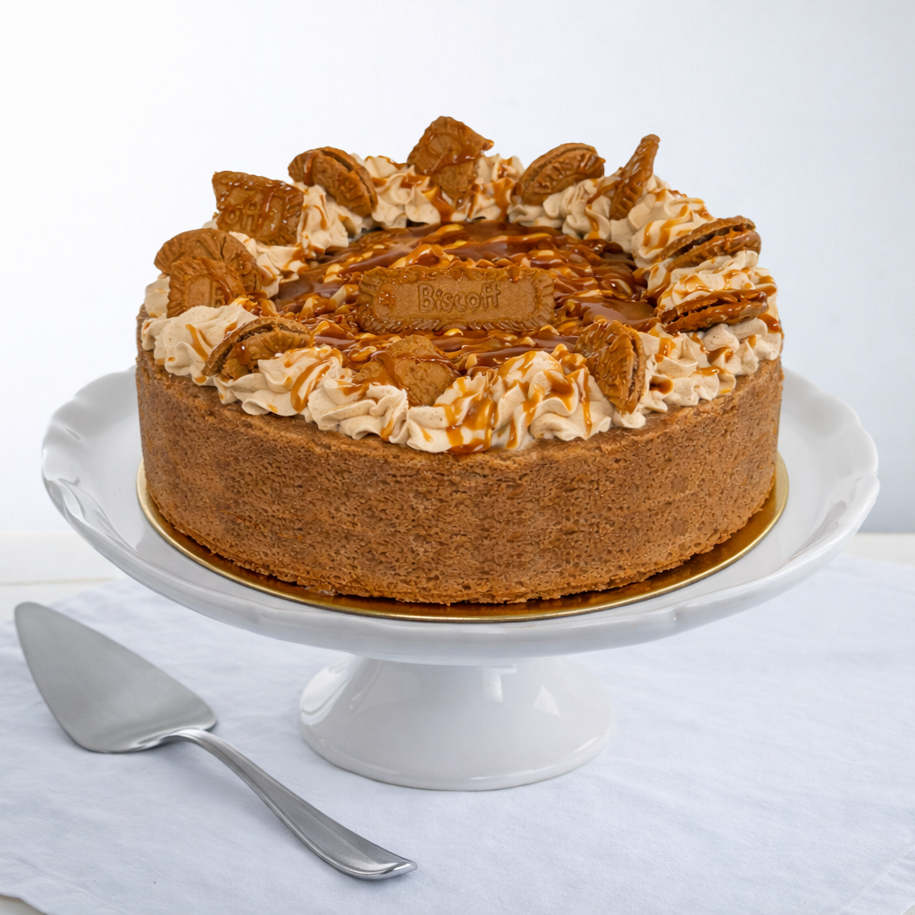9-inch Cookie Butter Bliss cake topped with cookie pieces.