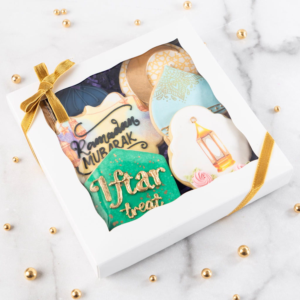 Curated gift box of 6 Ramadan cookies with gold ribbon.