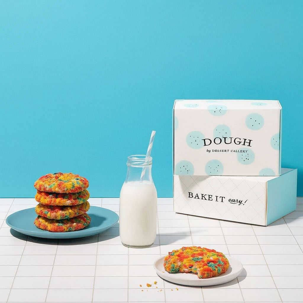 Fruity Pebble Dough by DG cookies with a glass of milk